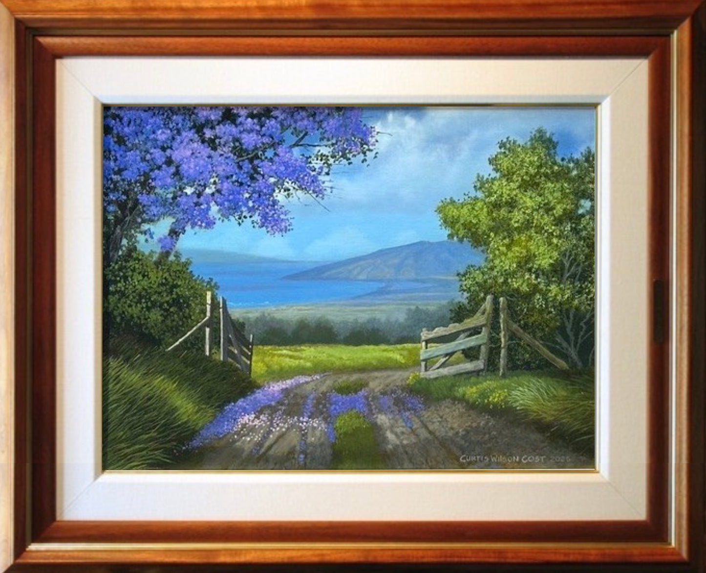 The Road Home 18" x 24" framed in 5 pc. custom koa frame with white linen liner balance due
