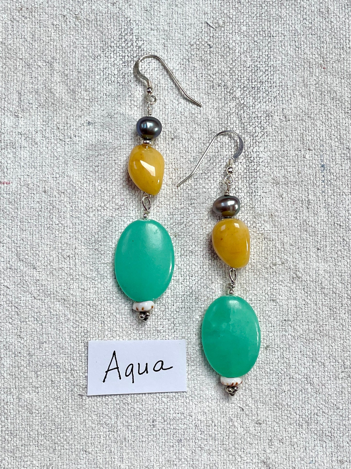 Aqua | Colorful Beads, Black Pearl & Shell Handmade Silver Drop Earrings