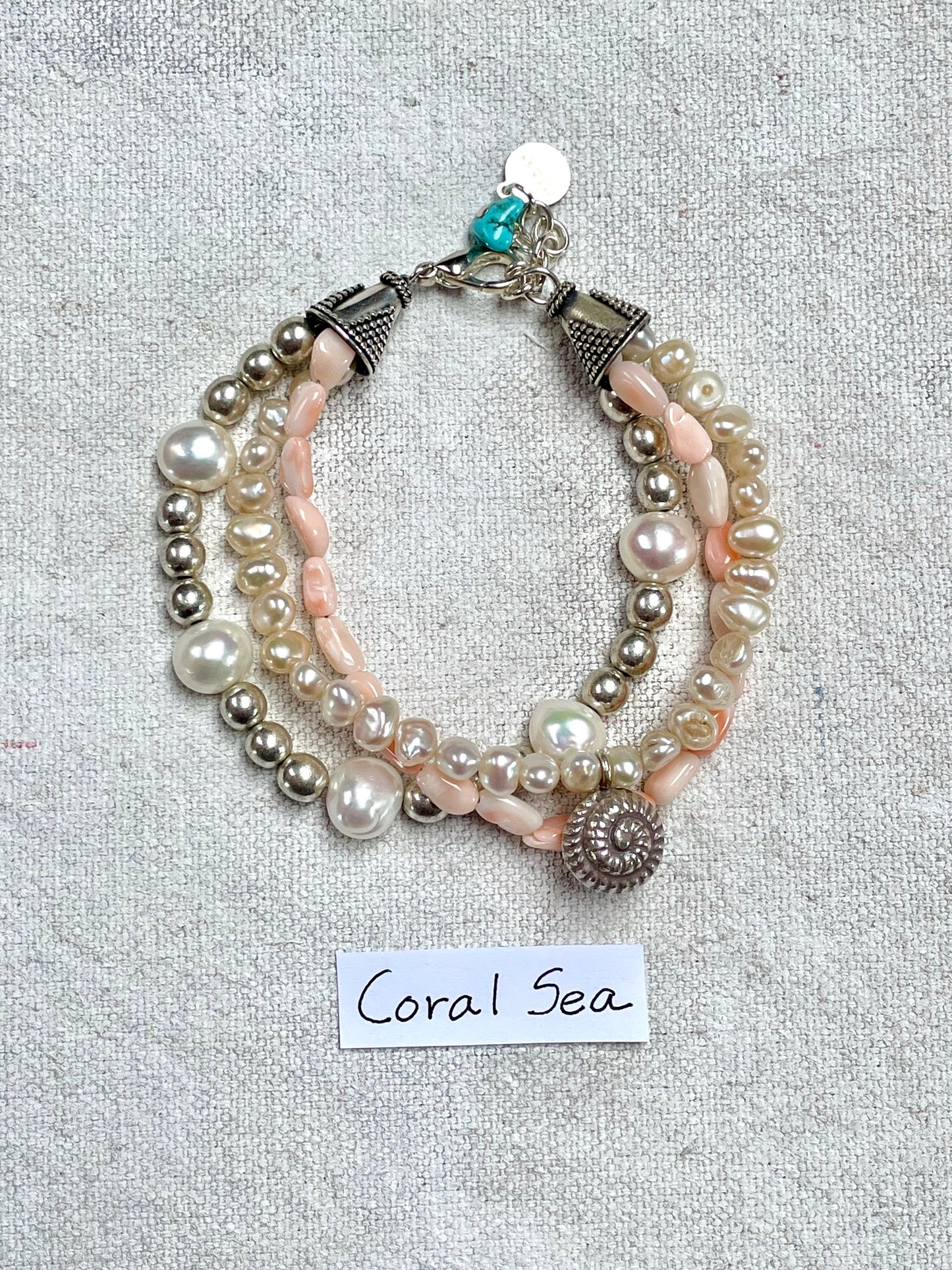 Coral Sea | Handmade Coral Bead, Pearl and Vintage-Inspired Silver Bracelet