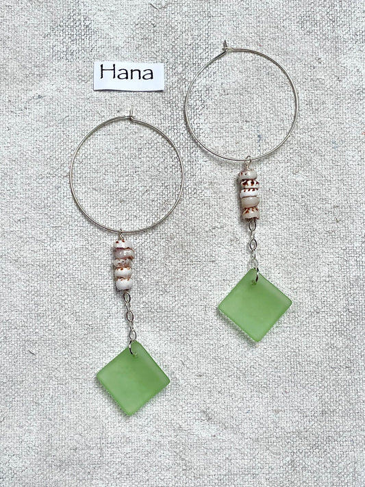 Hana | Green Sea Glass, Shell & Silver Handmade Earrings