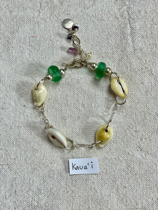 Kauaʻi | Handmade Cowry Shell & Sea Glass Silver Charm Bracelet