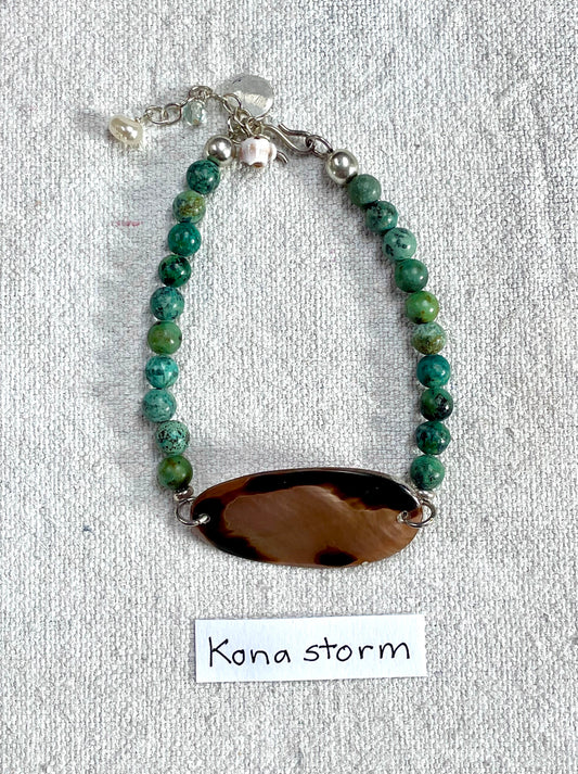 Kona Storm | Handmade Brown Sea Glass and Turquoise Bracelet