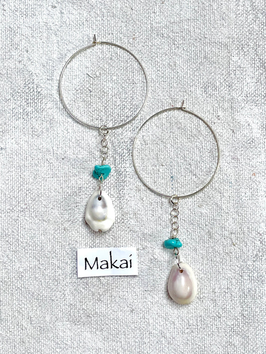 Makai | Handmade Turquoise and Cowry Shell Silver Hoop Earrings