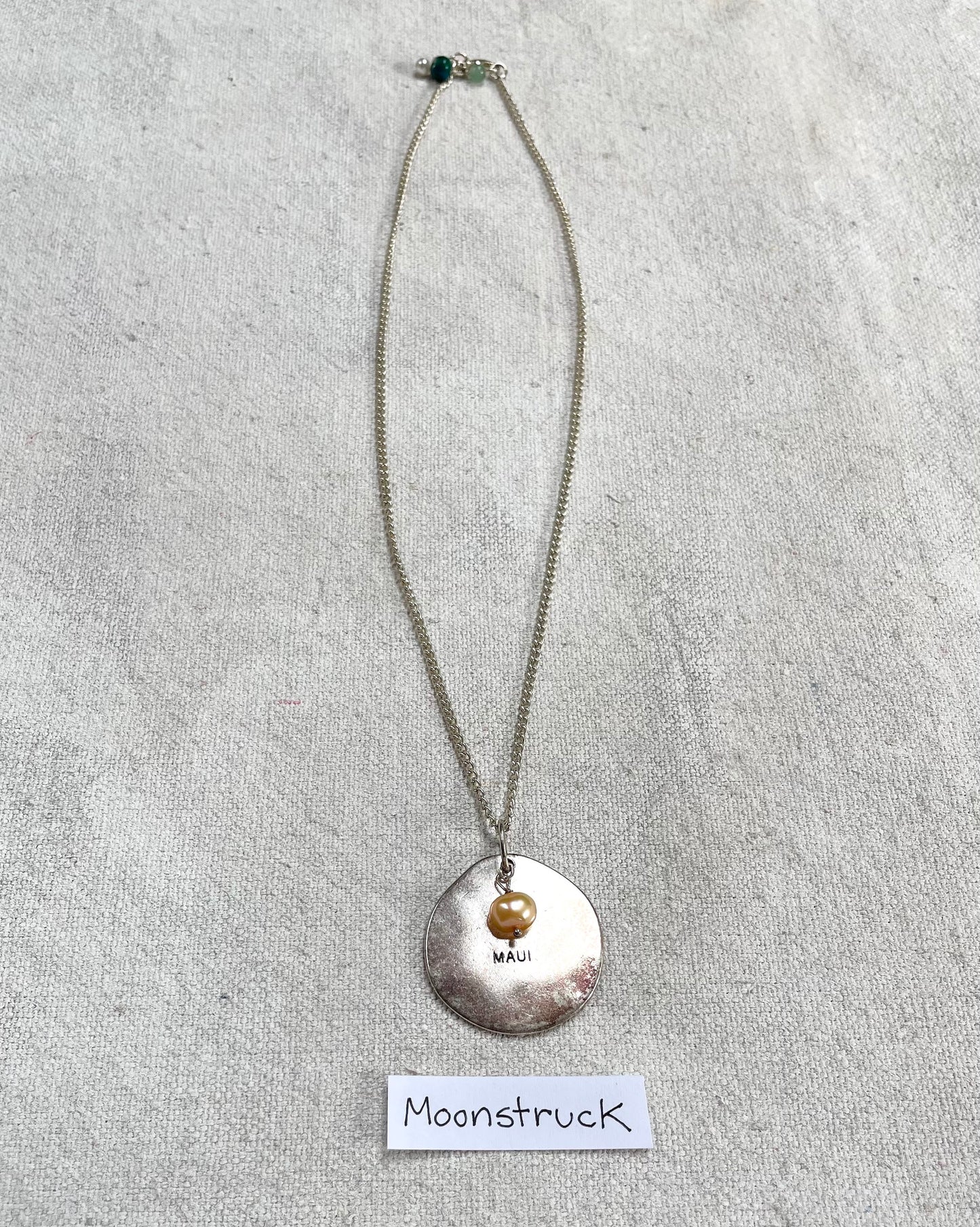 Moonstruck | Handmade Engraved Maui Charm and Pearl Silver Necklace