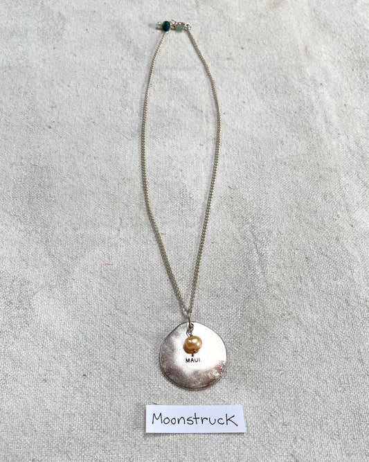 Moonstruck | Handmade Engraved Maui Charm and Pearl Silver Necklace