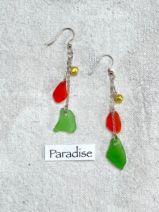 Paradise | Handmade Colorful Green Sea Glass, Pearl & Silver Earrings