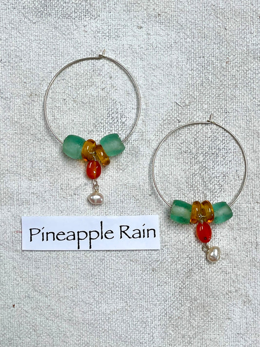 Pineapple Rain | Colorful Sea Glass & Pearl Handmade Silver Hoop Earrings