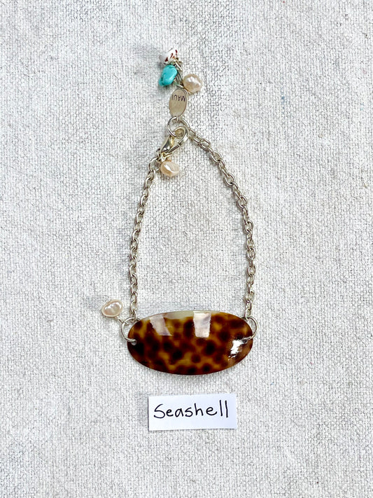 Seashell | Handmade Polished Cowry Shell, Pearl & Turquoise Silver Maui Bracelet