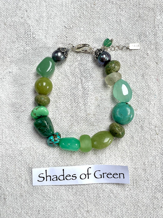 Shades of Green | Handmade Green Semi-Precious Stone, Black Pearl & Silver Bracelet