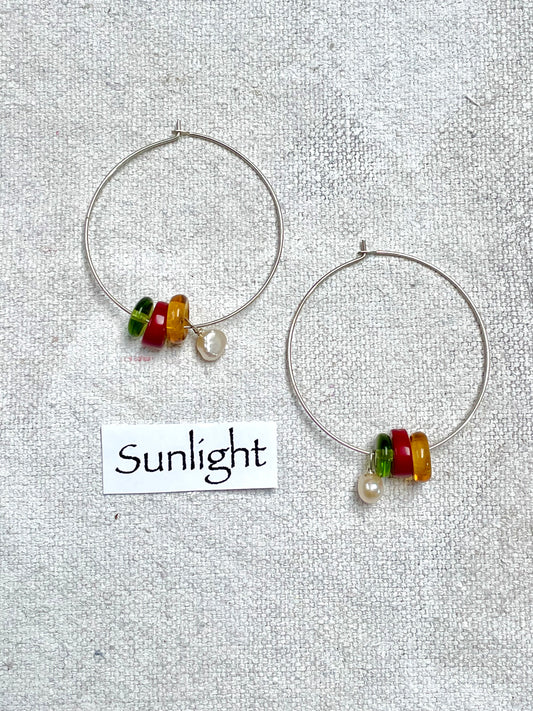 Sunlight | Bead and Pearl Handmade Silver Hoop Earrings