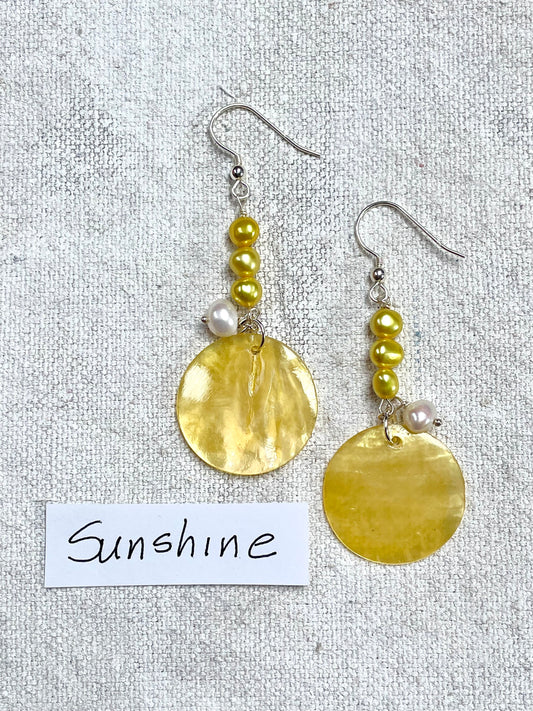 Sunshine | Handmade Yellow Pearlized Shell & Pearl Silver Drop Earrings