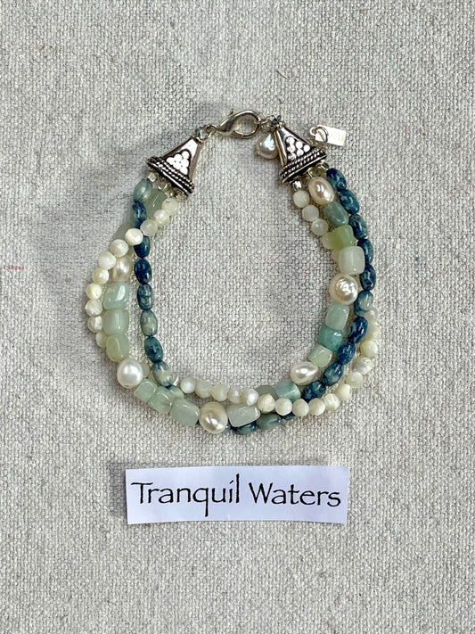 Tranquil Waters | Handmade Blue Stone and Pearl Multistrand Maui Bracelet