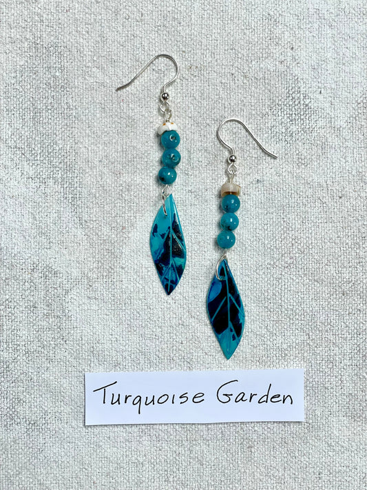 Turquoise Garden | Handmade Shell, Bead and Resin Leaf Art Drop Earrings