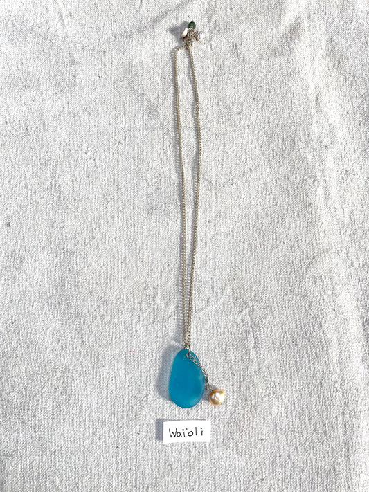 Wai ʻoli | Handmade on Maui Blue Sea Glass and Pearl Silver Necklace